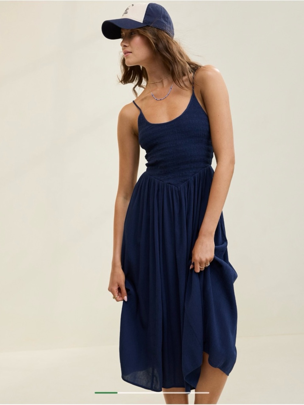 aerie Navy Smocked Bodice Midi Dress with Spaghetti Straps